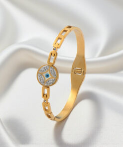 Gold Plated Stainless Steel Evil Eye Themed Anti Tarnish Bangle Style Bracelet