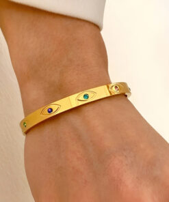 Gold Plated Stainless Steel Evil Eye Themed Anti Tarnish Bangle Style Bracelet