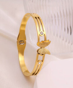 Gold Plated Stainless Steel Butterfly Themed Anti Tarnish Bangle Style Bracelet