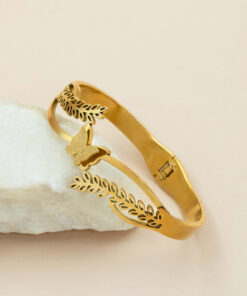 Gold Plated Stainless Steel Butterfly Themed Anti Tarnish Bangle Style Bracelet