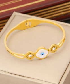 Gold Plated Stainless Steel Evil Eye Themed Anti Tarnish Bangle Style Bracelet
