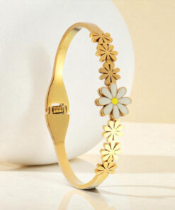 Gold Plated Stainless Steel Floral Themed Anti Tarnish Bangle Style Bracelet