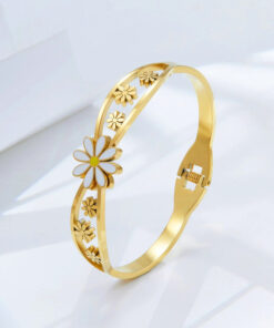 Gold Plated Stainless Steel Floral Themed Anti Tarnish Bangle Style Bracelet
