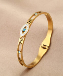 Gold Plated Stainless Steel Evil Eye Themed Anti Tarnish Bangle Style Bracelet