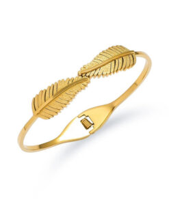 Gold Plated Stainless Steel Leaf Themed Anti Tarnish Bangle Style Bracelet