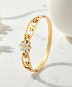 Gold Plated Stainless Steel Floral Themed Anti Tarnish Bangle Style Bracelet