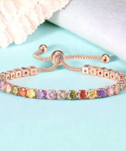 Rose Gold Plated Round Cut Cubic Zirconia Multicolor Matrix Tennis Bracelet